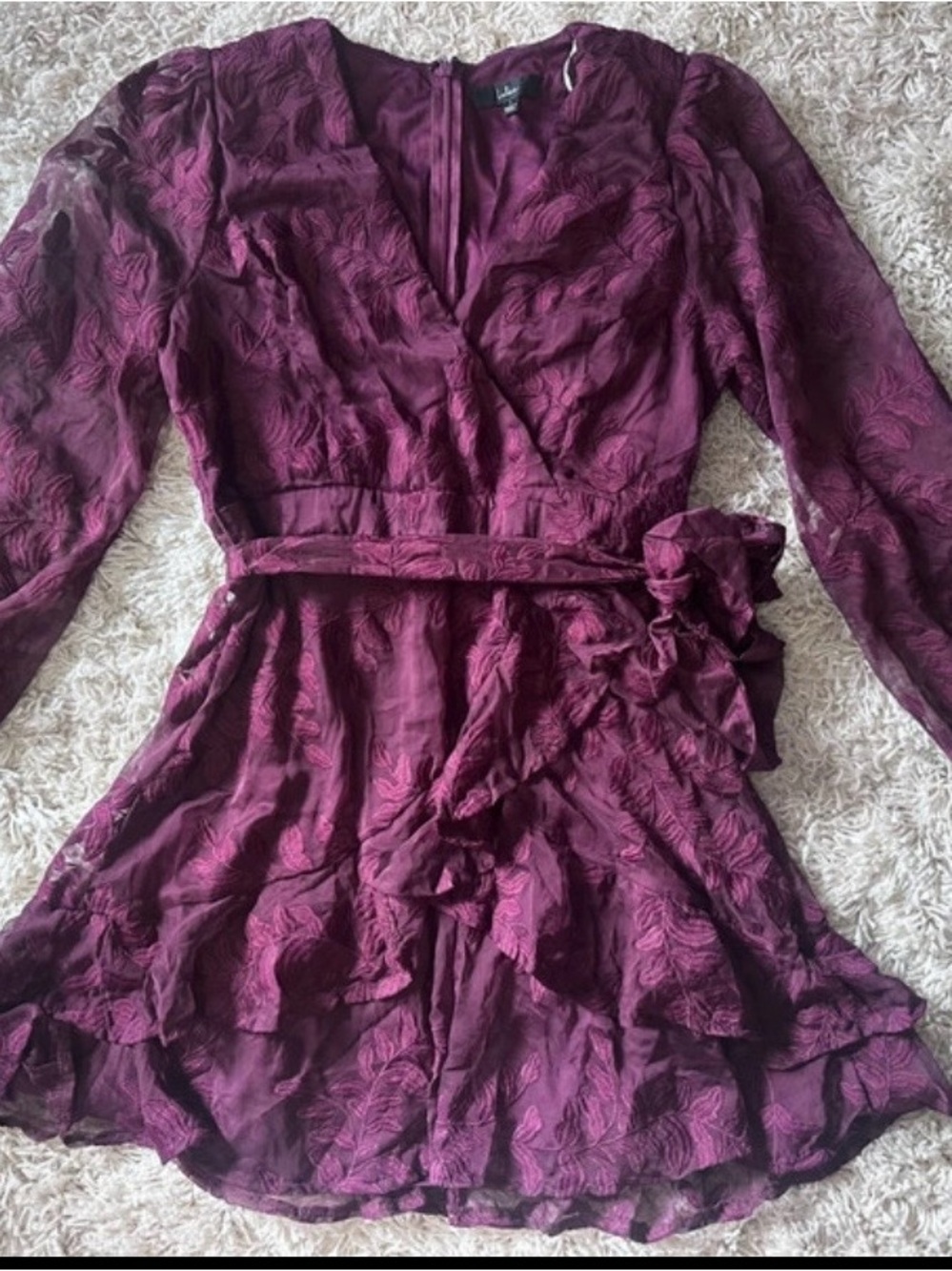 Lulu's Plum Embroidered Long Sleeve Wrap Dress